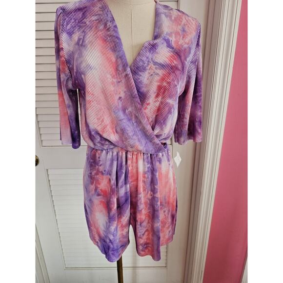 NWT‎ The Impeccable Pig Tie Dye Pink Purple Pleated V Neck Romper Ladies Small - Picture 1 of 3